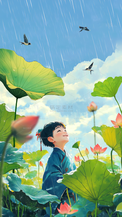谷雨卡通感虚拟现实荷叶人物燕子背景