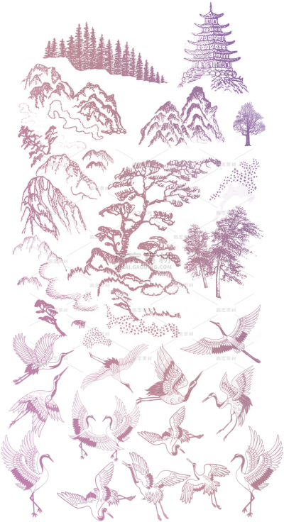 中国风系列彩色古风线条插画元素（td）