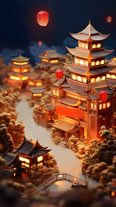 年货节中国风中式3D立体微缩建筑展台背景图片素材