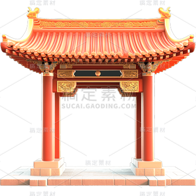 3D立体C4D元素中式中国风建筑亭子元素