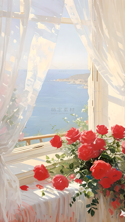 情人节浪漫感油画肌理玫瑰窗台背景