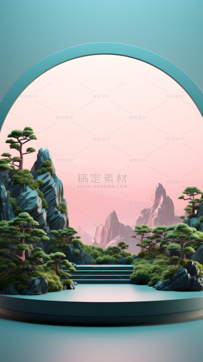 通用电商传统中国风中式自然山树风景展台场景背景