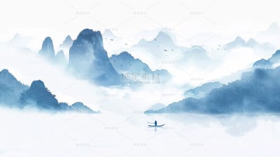中国风通用青蓝色古风山水背景场景图片素材