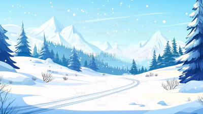 冬天通用漫画风插画雪道背景