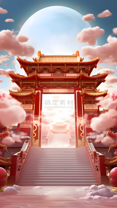 年货节3D立体中国风中式开门红展台建筑背景图片