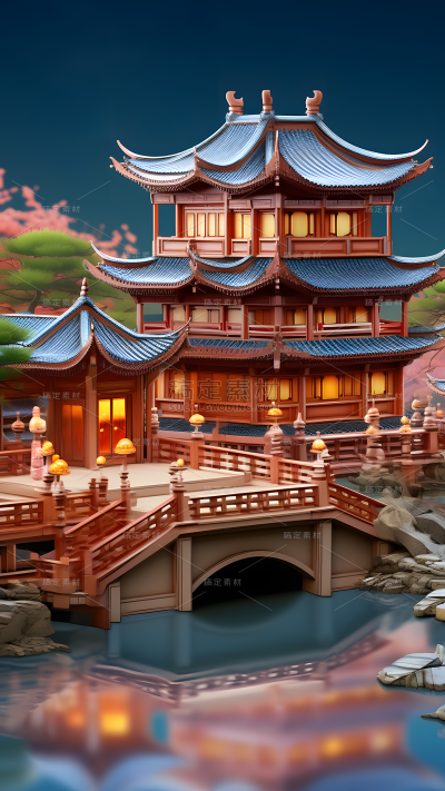 通用电商促销3D立体C4D中国风中式建筑场景图片素材