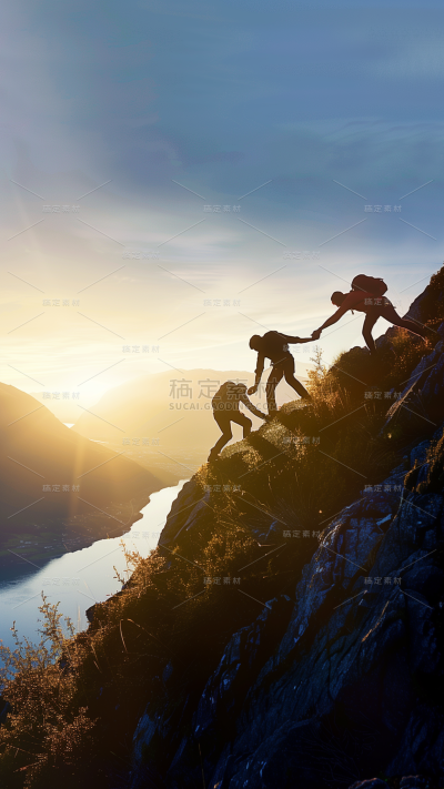 健身系列写实逆光多人登山图片