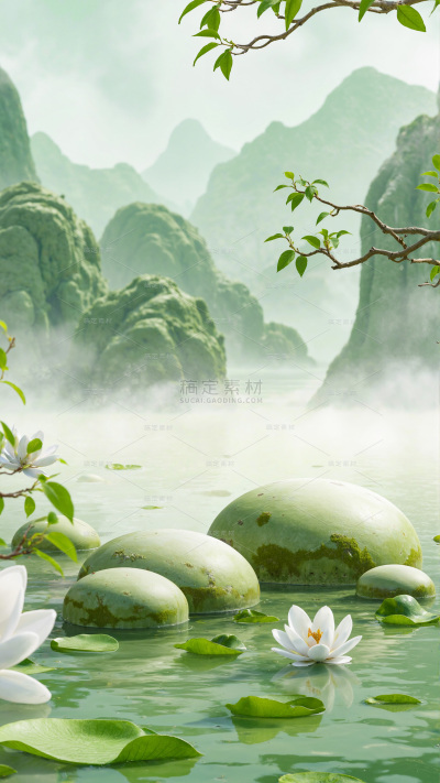 清明节实景山水石头盘子展台背景