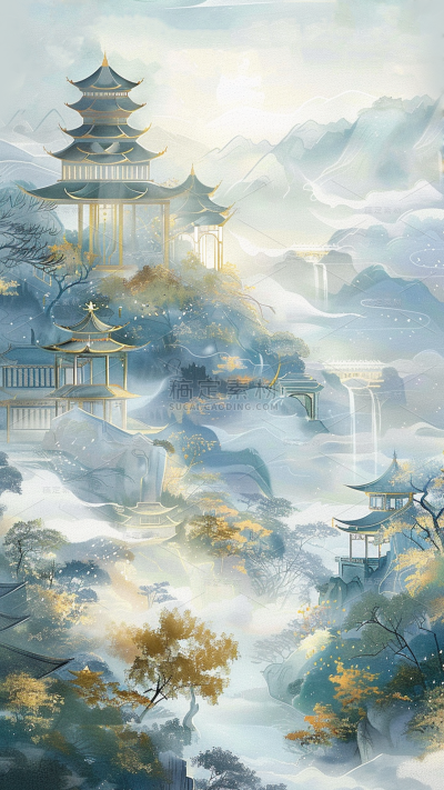 通用中国风中式仙侠风国风山水背景素材