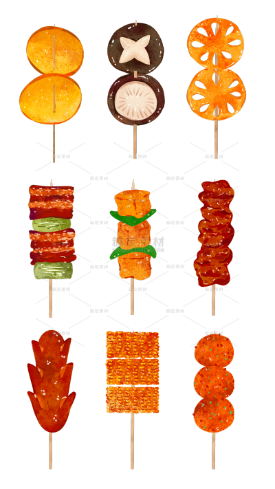 美食系列手绘彩色插画烤串元素组合