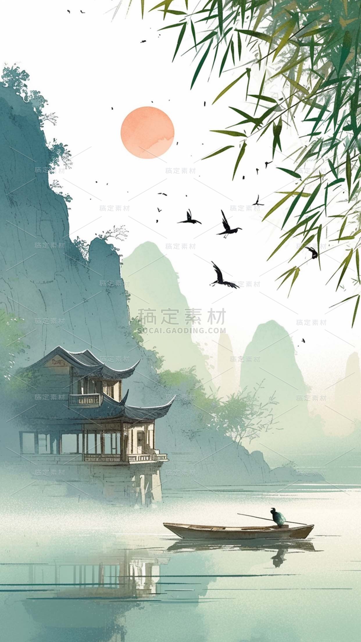 清明通用水墨风山水柳叶插画背景场景图片素材