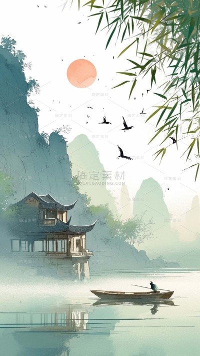 清明通用水墨风山水柳叶插画背景场景图片素材