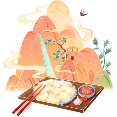 冬至国潮插画汤圆/水饺群山组合元素