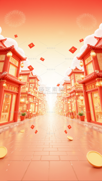 年货节国风3D建筑场景背景