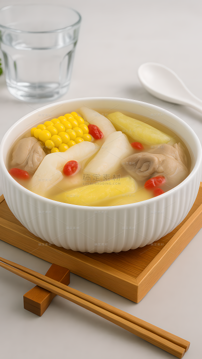 美食系列写实风玉米山药枸杞鸡肉炖汤（td）