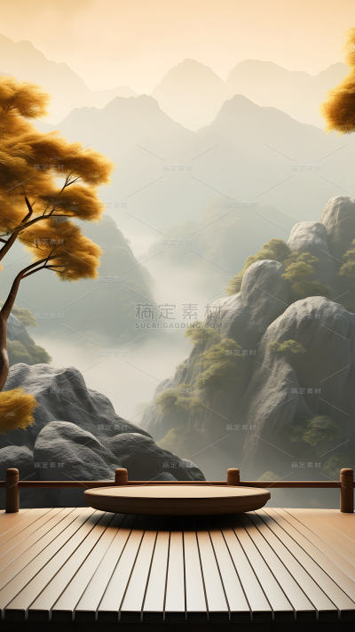 通用电商传统中国风中式自然山树场景背景