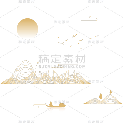 中国风通用金色矢量山水组合元素素材