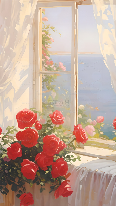 情人节浪漫感油画肌理玫瑰窗台背景