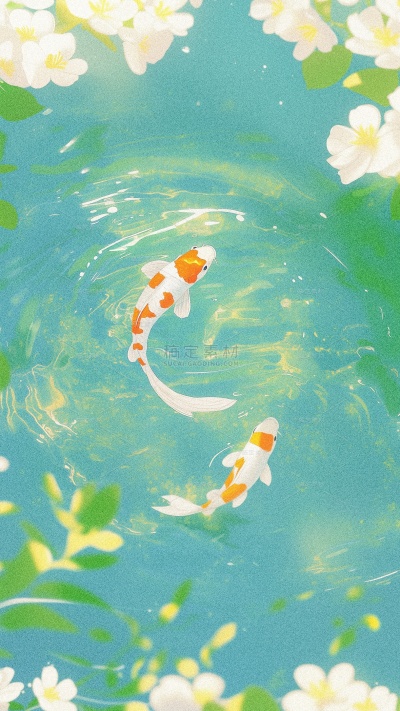 夏至清新感池塘锦鲤花插画背景