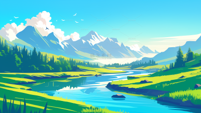 风光系列插画风山脉河流草地背景（td）