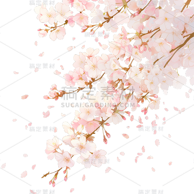 植物通用粉色樱花插画花枝飘花瓣元素素材