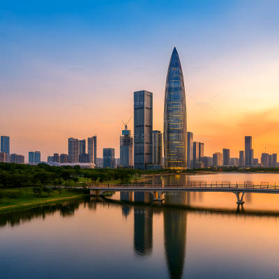 建筑系列写实感湖面城市建筑夕阳天空图片（td）