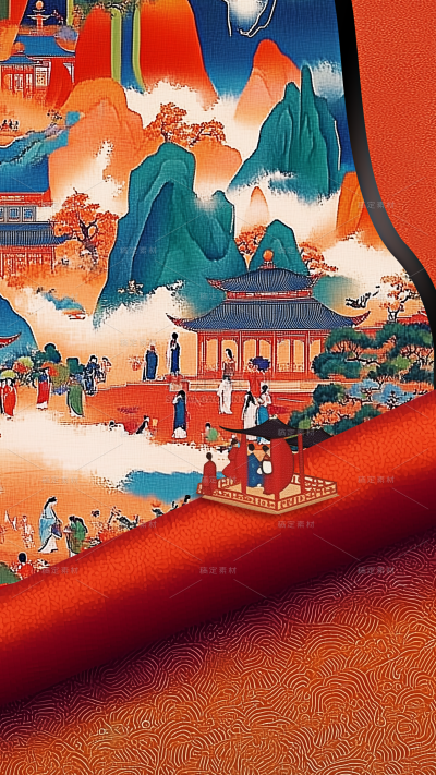 国庆通用卷轴山建筑背景