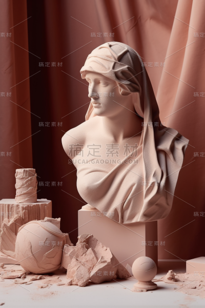 柔软的粉红色和亚麻布上的大型大理石雕像，少量陶土修饰