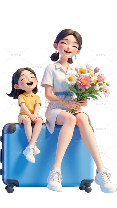 母亲节软3D风亲子拿花元素