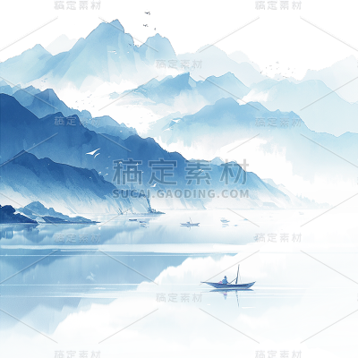 中国风通用蓝色水墨山水组合元素素材