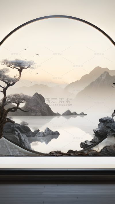 通用国风插画水墨色中式自然山树展台场景背景