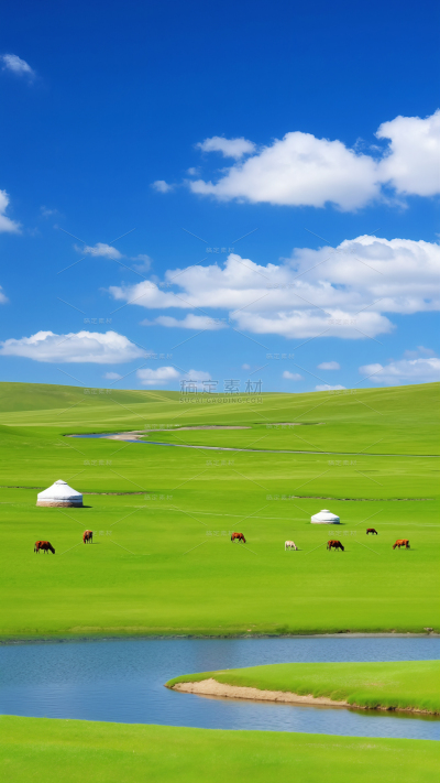 常规背景系列写实感蓝天白云草场放牧背景 