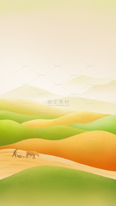 芒种渐变肌理感人物农耕剪影背景