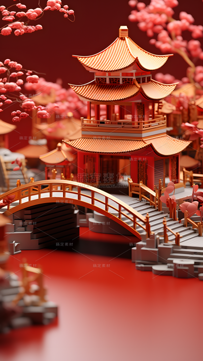 年货节中国风中式3D立体微缩建筑展台背景图片素材