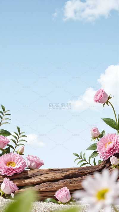 促销系列实景感蓝天木头鲜花展台背景