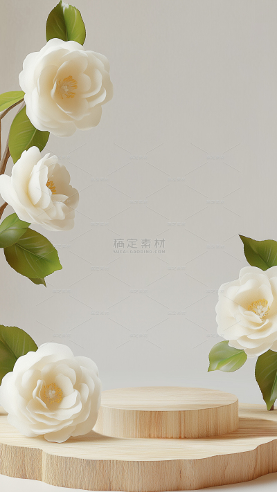 植物系列实景感山茶花和木纹展台背景