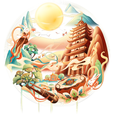 中秋通用城市地标建筑插画贴纸