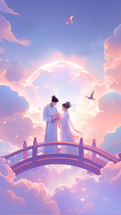 七夕情人节系列3D梦幻人物桥通用背景素材