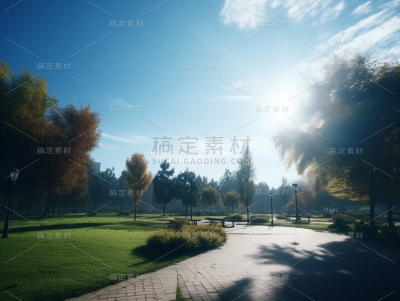 早上的城市大楼和公园，朦胧感