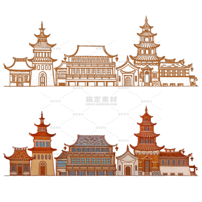 建筑系列插画风中式建筑组合(td)