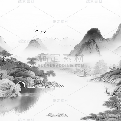 中国风通用水墨山水植物组合元素素材