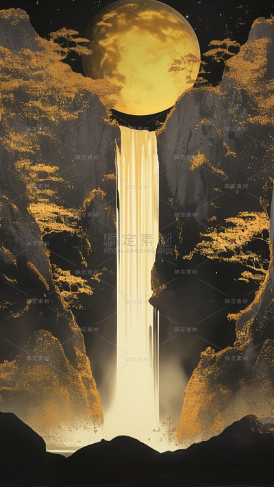 中国风系列鎏金月色山水瀑布通用背景素材