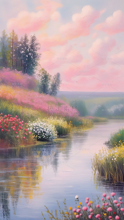 通用油画河流风景插画背景素材